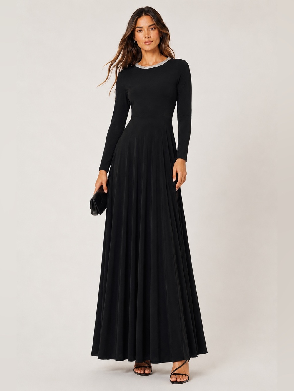 Michael Kors Black Long-Sleeve Maxi Dress with Jewel Neck